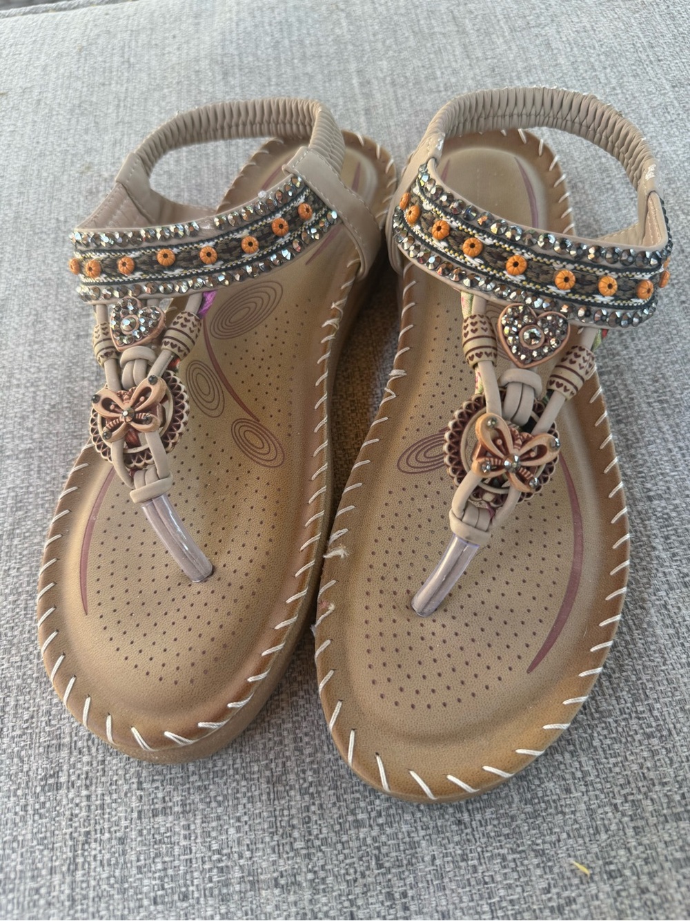 Beautiful Beige Embellished Women’s Sandals with Orange Bead Detail